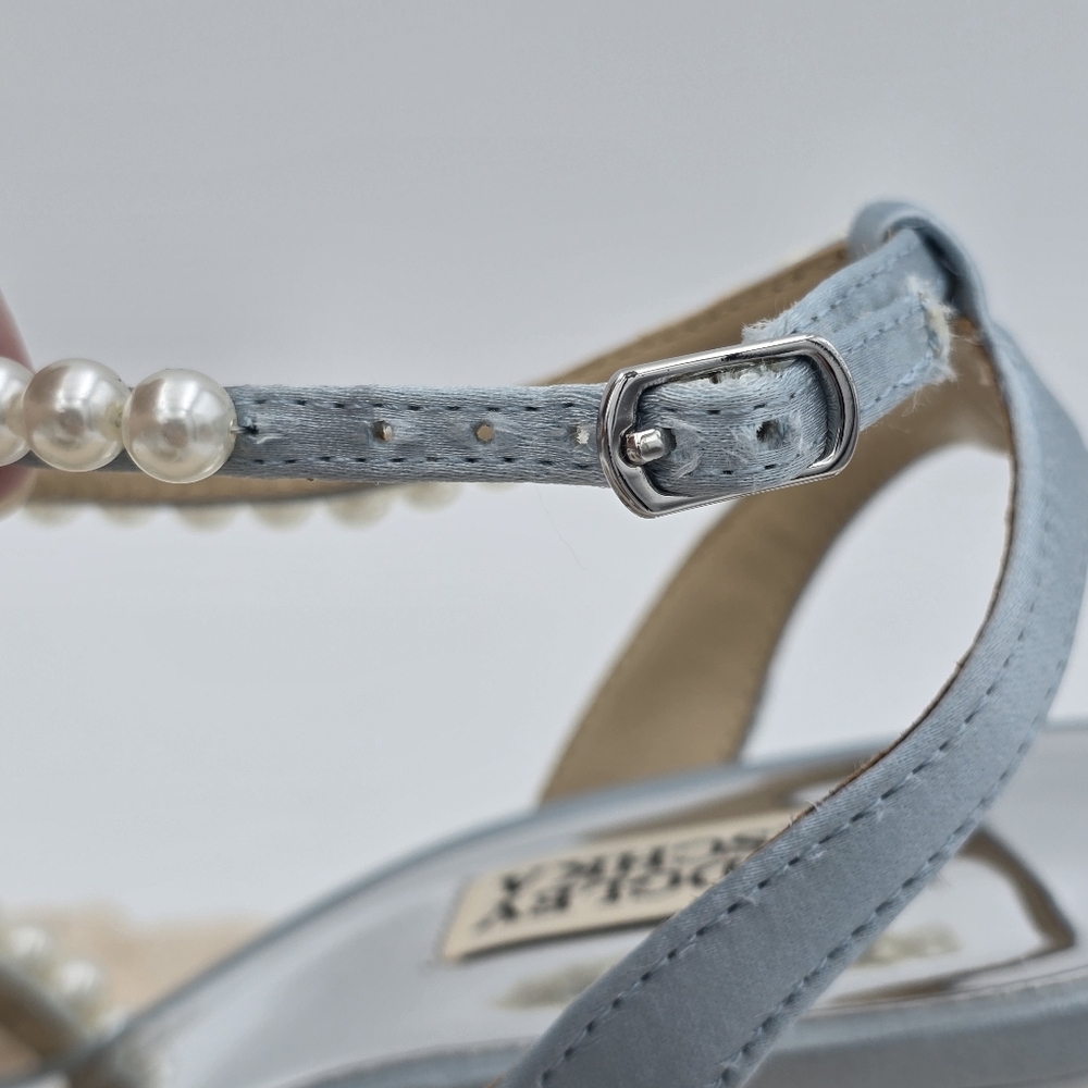 Badgley Mischka Flame Pearl Kitten Heel Sandals, Mist Blue Satin, Women's Sz 9.5 - Picture 7 of 16